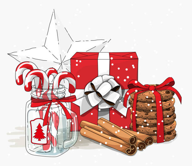 Christmas still-life, red gift box wit white ribbon, cookies, glass jar with candy canes and cinnamon sticks on white background, illustration Christmas still-life, red gift box wit white ribbon, cookies, glass jar with candy canes and cinnamon sticks on white background, vector illustration, eps 10 wit transparency stacking food containers stock illustrations