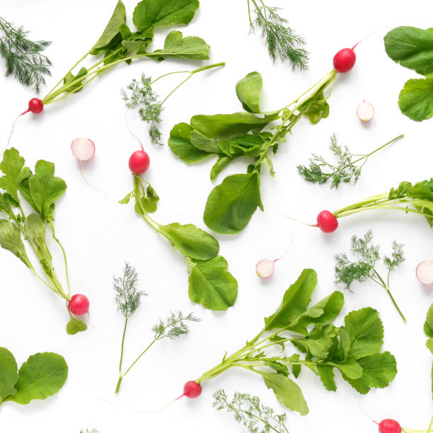 istock Pink radish with green tops isolated on white background. Vegetable pattern from radish. Abstract food background. Top view. Creative flat lay. 883669160