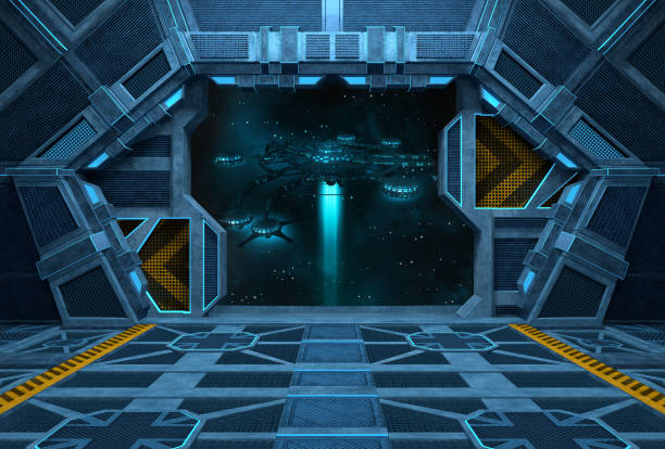 istock Inside of space station with open doors. 883669470