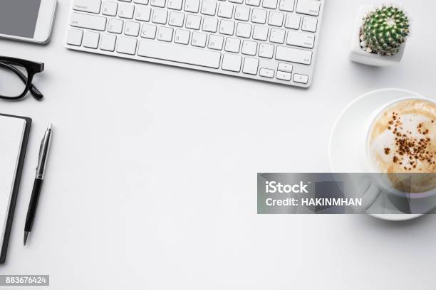 Business Table Top With Mock Up Office Supplies On White Stock Photo - Download Image Now