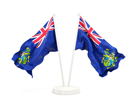 Two waving flags of pitcairn islands isolated on white. 3D illustration