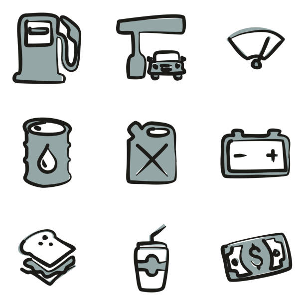 ilustraciones, imágenes clip art, dibujos animados e iconos de stock de los iconos a mano alzada 2 color de la bomba de gas - currency odometer car gasoline
