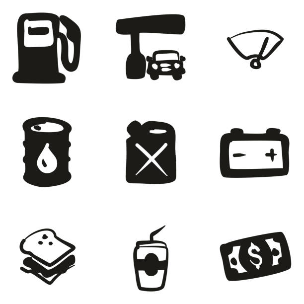 ilustraciones, imágenes clip art, dibujos animados e iconos de stock de llenan de gas bomba de iconos a mano alzada - currency odometer car gasoline