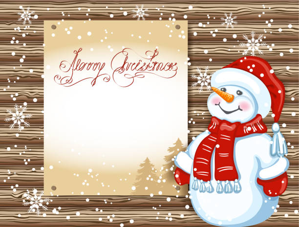 istock Christmas card with funny Snowman against timbered wall background and congratulation poster 883694900