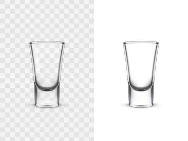 Realistic shot glasses Realistic shot glasses for alcoholic drinks, vector illustration isolated on white and transparent background. Mock up, template of strong alcohol shots, such as vodka, tequila shot glass stock illustrations