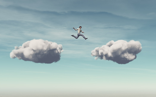 Businessman jumps on a cloud on another cloud. This is a 3d render illustration