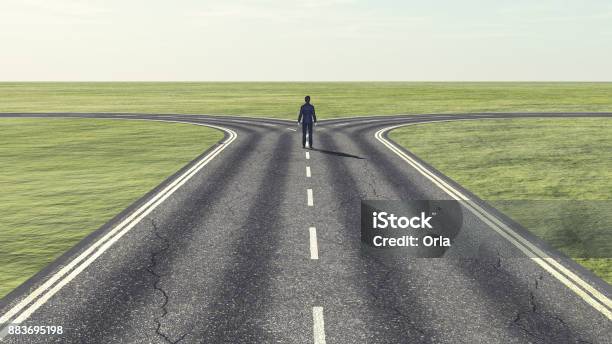 Businessman In Front Of A Bifurcation Which Path Stock Photo - Download Image Now