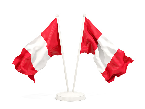 Two waving flags of peru isolated on white. 3D illustration