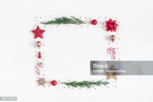 Christmas Composition On White Background Flat Lay Top View Stock Photo - Download Image Now