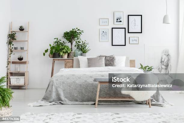 Drawings On The Wall Stock Photo - Download Image Now - Bedroom, Wool, Beige