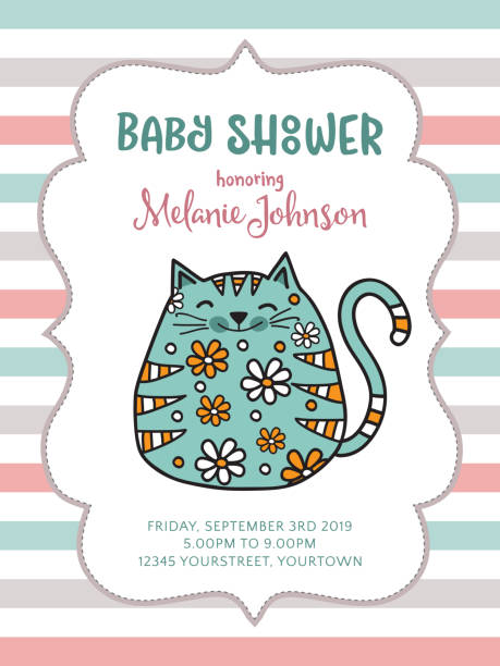 baby shower card template with fat doodle cat baby shower card template with fat doodle cat, vector format funny pregnancy announcements stock illustrations