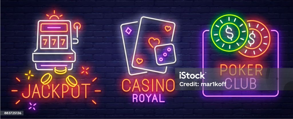 Set neon icon, label, emblem. Casino and Poker. Neon sign, bright signboard, light banner. Set neon icon, label, emblem. Casino and Poker. Neon sign, bright signboard, light banner Neon Lighting stock vector