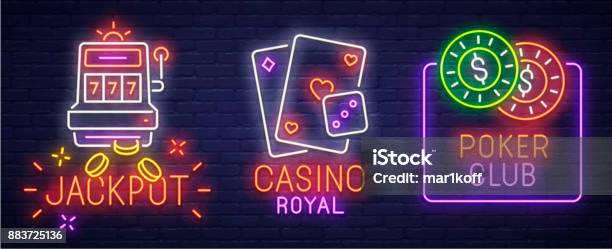 Set Neon Icon Label Emblem Casino And Poker Neon Sign Bright Signboard Light Banner Stock Illustration - Download Image Now