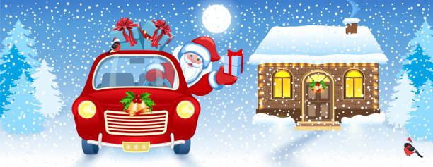 Christmas card with Santa Claus in car and house and Santa's workshop against winter forest background background Christmas card with Santa Claus in red car and brick house and Santa's workshop against winter forest background. New Year design postcard. bell sleeve stock illustrations