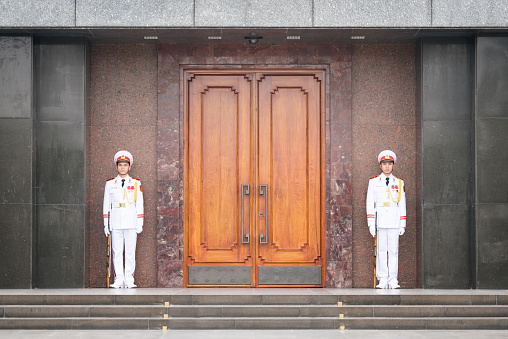 Guards in front of the famous Ho Chi Minh Mausoleum, Hanoi, Vietnam. Nikon D810. Converted from RAW.