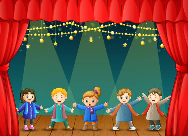 illustrazioni stock, clip art, cartoni animati e icone di tendenza di bambini in abiti invernali che si esibiscono sul palco - christmas child friendship little boys