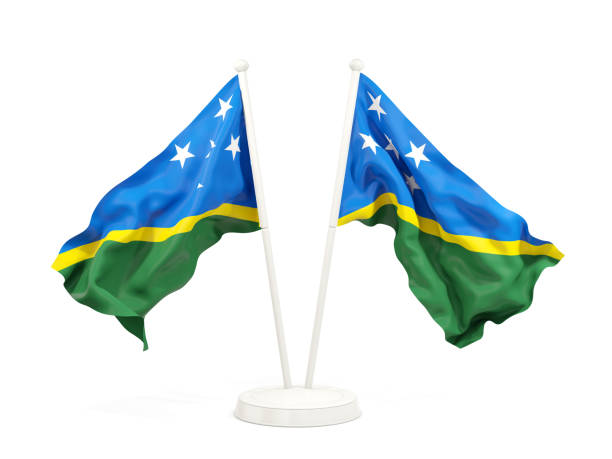 istock Two waving flags of solomon islands 883740820