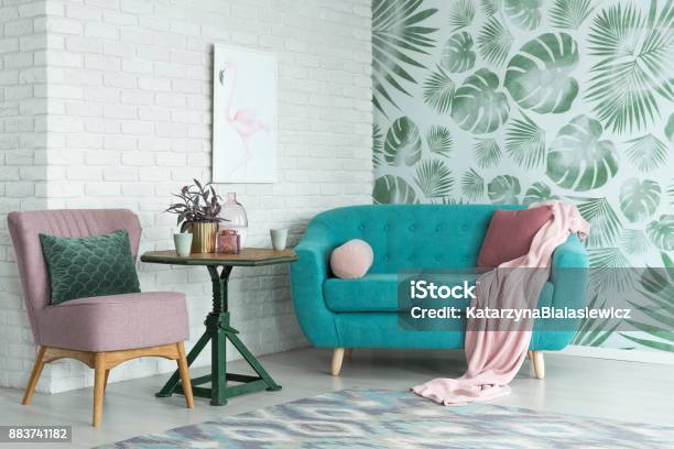 Pink Chair And Blue Sofa Stock Photo - Download Image Now - Wallpaper - Decor, Living Room, Domestic Life