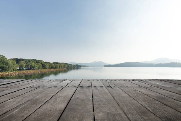 istock empty wooden floor with beautiful lake in blue sky 883744166