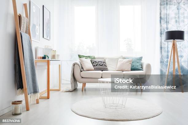 Ladder In Bright Living Room Stock Photo - Download Image Now - Living Room, Rug, Window