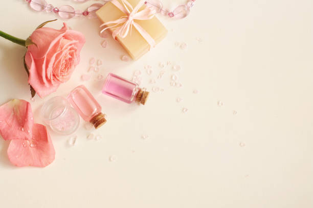 istock Aromatherapy. Small glass bottles with cosmetic oils. Bath salt 883745070