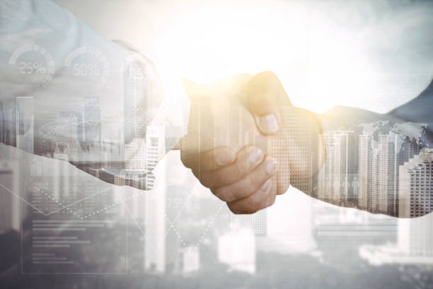 istock Business couple with double exposure background 883754934
