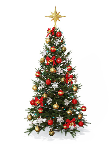 Decorated Christmas  tree with golden star isolated on white background 3d