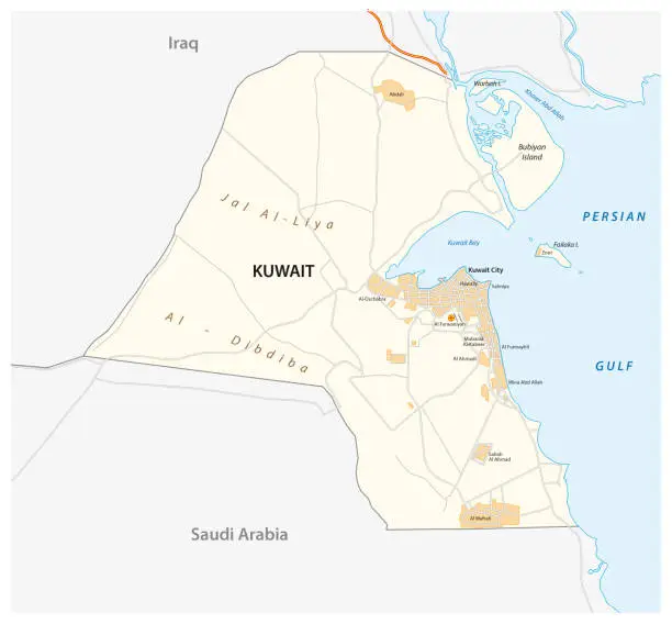 Vector illustration of Detailed road map of the state Kuwait