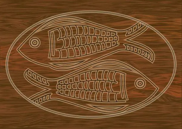 Vector illustration of Wooden art, two fish carved into dark wood, symbol of christianity, Horoscope sign. Stzylized fish in oval frame.