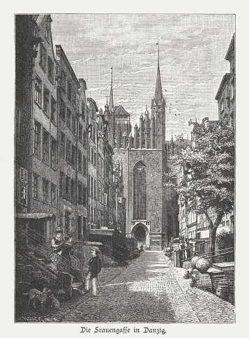 Mariacka Street (Frauengasse) and St. Mary's Church (Marienkirche) in Gdansk (Danzig), Poland (formerly Prussia, Germany). 19th century view. Wood engraving, published in 1884.