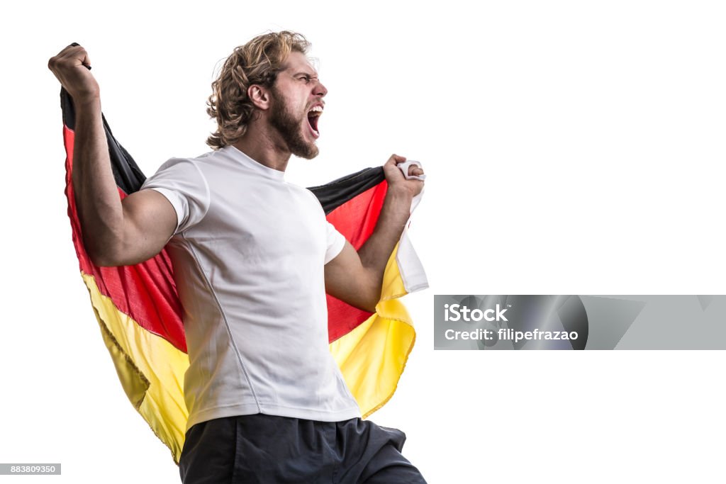 Atleta Masculino alemán / ventilador celebrando sobre fondo blanco - Foto de stock de Aficionado libre de derechos