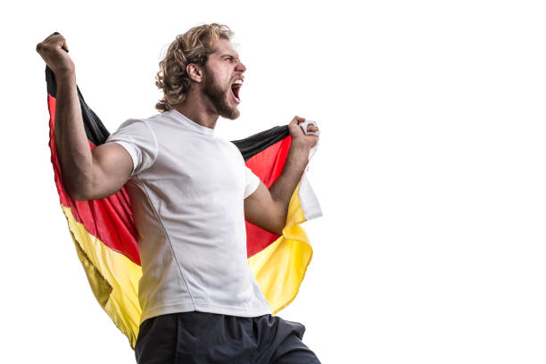 german male athlete / fan celebrating on white background - fan sport football male imagens e fotografias de stock