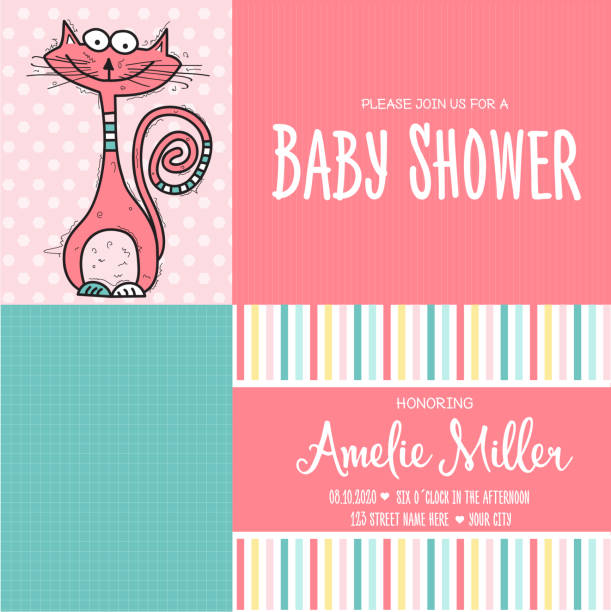 baby shower card template with funny doodle cat baby shower card template with funny doodle cat, vector format funny pregnancy announcements stock illustrations