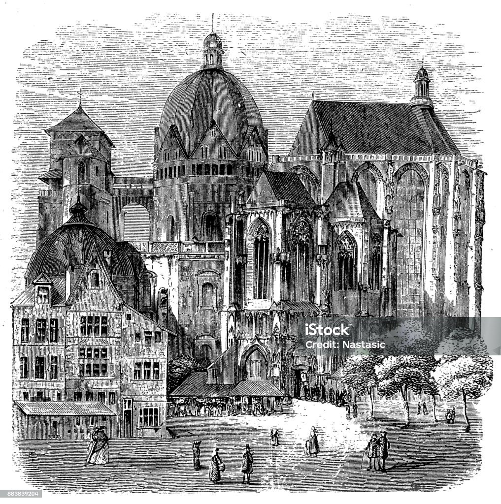 Basilica of Aachen, Germany, 19th Century illustration of a Basilica of Aachen, Germany, 19th Century Aachen stock illustration