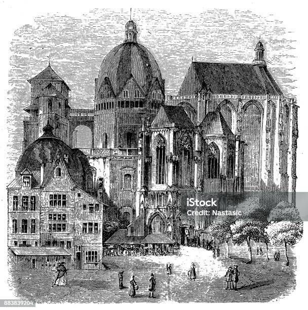 Basilica Of Aachen Germany 19th Century Stock Illustration - Download Image Now - Aachen, Aachen Cathedral, Black And White