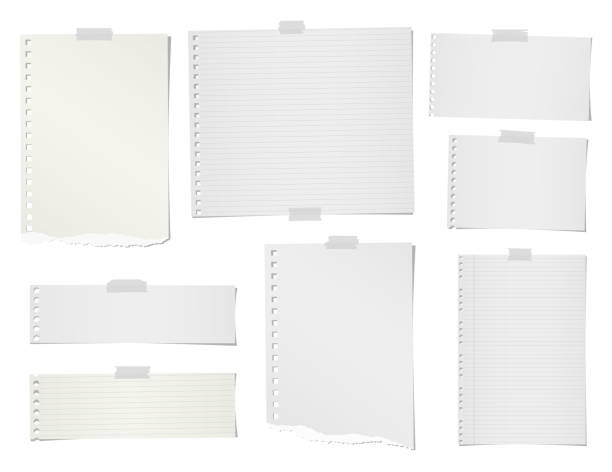 ilustraciones, imágenes clip art, dibujos animados e iconos de stock de lápiz y nota gobernó, en blanco roto, cuaderno, hojas de papel para el texto o mensaje pegado con cinta adhesiva sobre fondo blanco. - paper notebook ruled striped