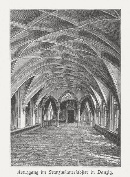 Cloister, Franciscan monastery, Gdansk (Danzig), wood engraving, published 1884 Cloister in the Franciscan monastery in Gdansk (Danzig), Poland (formerly Prussia, Germany). 19th century view. Wood engraving, published in 1884. cloister stock illustrations