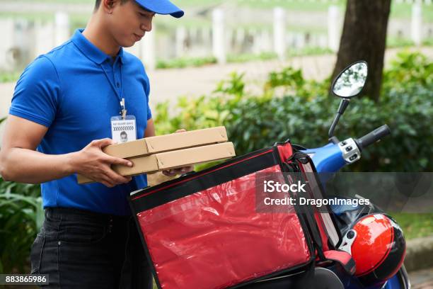 Food Courier Stock Photo - Download Image Now - Delivering, Food, Motorcycle