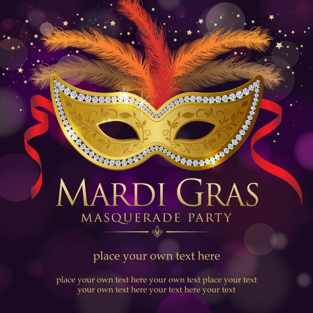 Mardi Gras Masquerade Party Invitation An invitation to the Mardi Gras Masquerade Party with shiny mask on the deep purple colored background purple and gold masquerade masks stock illustrations