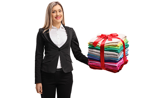 Young business woman with white hair with a tablet for writing. Secretary in a light blouse isolated over a white background