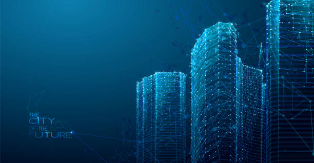 illustrazioni stock, clip art, cartoni animati e icone di tendenza di città poligonale 3d, futuro, concetto futuristico - città diffusa
