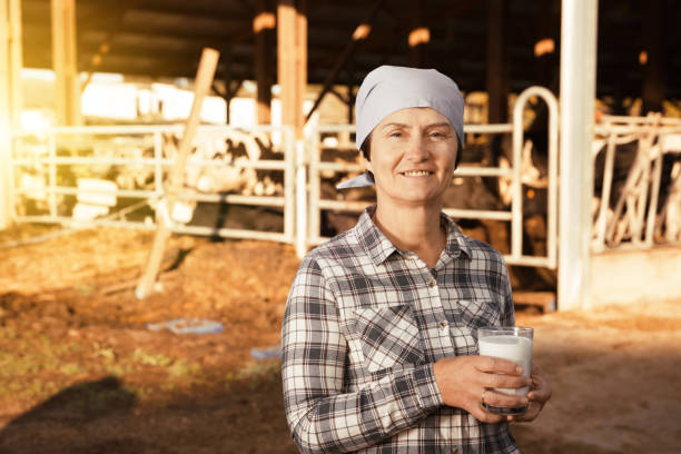 istock Confident female milker with milk on dairy farm 883906694