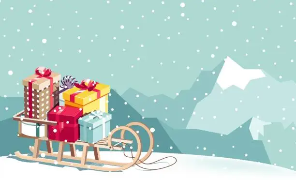 Vector illustration of Merry Christmas and Happy New Year vector background with sled, gifts and mountains.