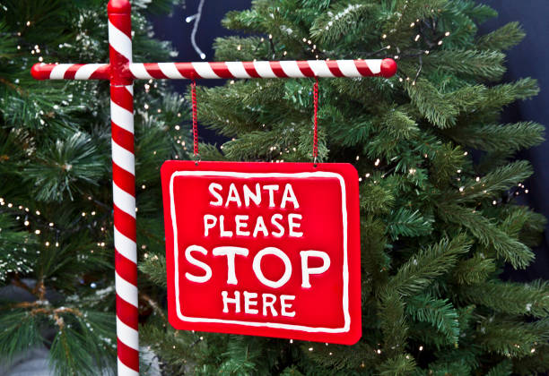 Christmas Santa Please Stop here sign. Christmas stock photo