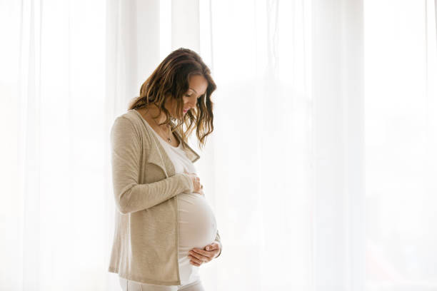 portret van mooie zwangere vrouw, geïsoleerd beeld op witte achtergrond - pregnant isolated on white stockfoto's en -beelden