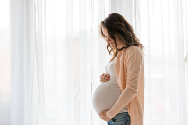 portrait de jeune femme enceinte attrayante, debout près de la fenêtre - être enceinte photos et images de collection