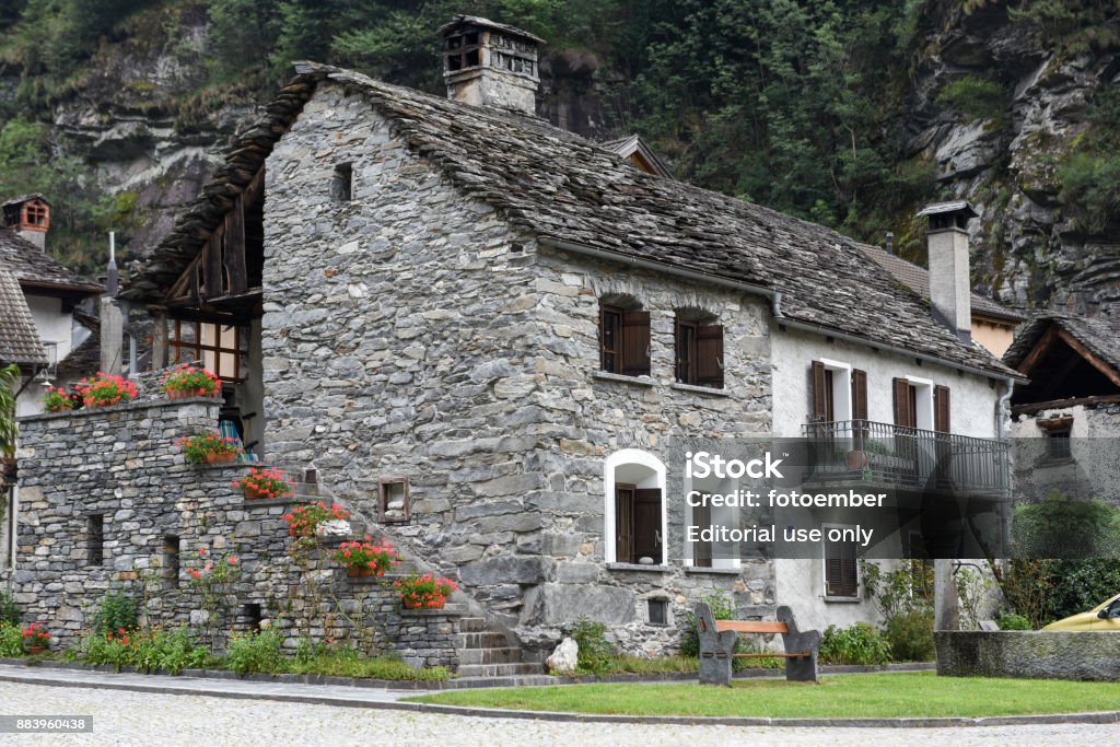 The village of Bignasco on Magga valley The village of Bignasco on Magga valley, Switzerland Charming Stock Photo
