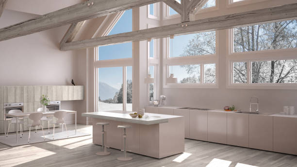 istock Modern kitchen in classic villa, loft, big panoramic windows on winter meadow, white minimalist interior design 883968654