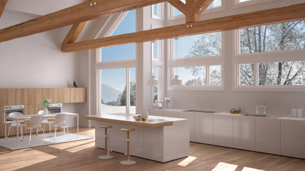 istock Modern kitchen in classic villa, loft, big panoramic windows on winter meadow, white minimalist interior design 883968790