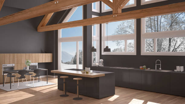 istock Modern kitchen in classic villa, loft, big panoramic windows on winter meadow, white and gray minimalist interior design 883968904
